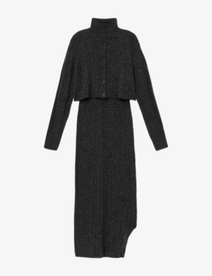 Allsaints Womens Charcoal Grey Sabine High-neck Stretch-knit Midi Dress In Multi