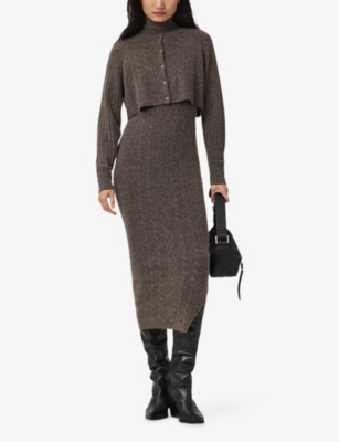 Allsaints Womens Fawn Brown Sabine High-neck Stretch-knit Midi Dress In Gray