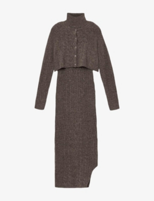 Allsaints Womens Fawn Brown Sabine High-neck Stretch-knit Midi Dress In Gray