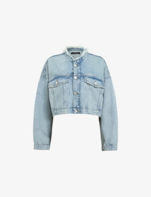 Allsaints Womens  Sonny Frayed-hem Cropped Denim Jacket
