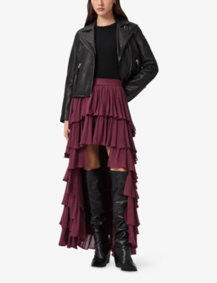 Allsaints Womens Tawny Port Red Cavarly Elasticated-waist Tiered Woven Midi Skirt In Burgundy