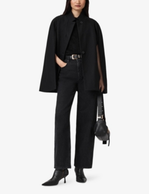 Allsaints Womens Lunis Cape Stand-collar Wool And Cashmere-blend Coat Black In Black