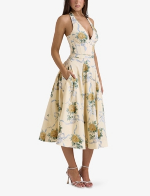 HOUSE OF CB OF CB WOMENS LEMON RIBBON ALLENA CORSET-BODICE STRETCH-COTTON MIDI DRESS XS 