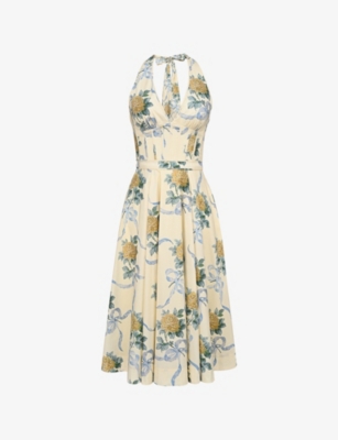 HOUSE OF CB OF CB WOMENS LEMON RIBBON ALLENA CORSET-BODICE STRETCH-COTTON MIDI DRESS XS 