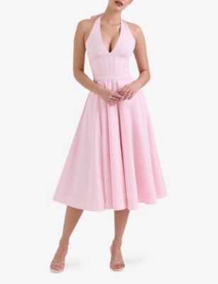 Shop House Of Cb Of Cb Womens Pink Allena Corset-bodice Stretch-cotton Midi Dress