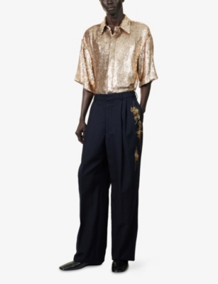 Dries Van Noten Mens Gold Sequin-embellished Short-sleeves Woven Shirt