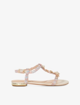 Dune Womens Nature Floral Embellished T-bar Woven Sandals Pink Fabric Eur 39 / 6 Uk