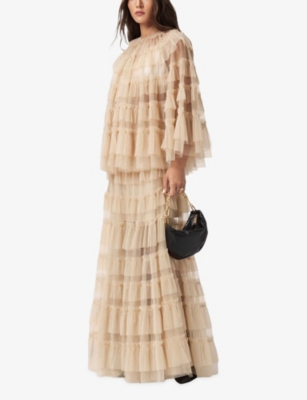 Allsaints Womens Blush Pink Aude Ruffle Woven Maxi Skirt In Yellow