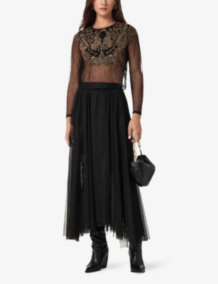 Allsaints Womens Ally Pointed-hem Tulle Midi Skirt Black In Black