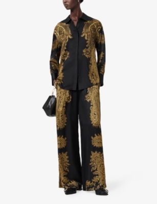 Allsaints Womens Ella Black Bernie Graphic-print Silk-blend Shirt In Brown