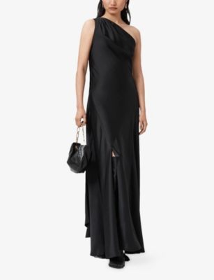 Allsaints Womens Monica One-shoulder Satin Maxi Dress Black In Black