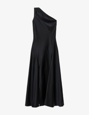 Allsaints Womens Monica One-shoulder Satin Maxi Dress Black In Black