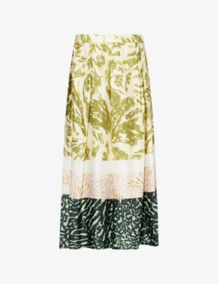 DRIES VAN NOTEN: Abstract-Print Pleated Woven Maxi Skirt