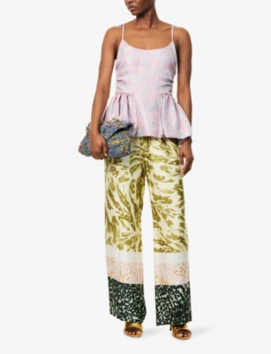 Dries Van Noten Womens Khaki Abstract-print Wide-leg Woven Trousers