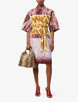 Dries Van Noten Womens Burgundy Abstract-print Belted Cotton-poplin Midi Dress