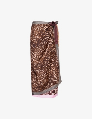 Dries Van Noten Womens Brown Wrap Printed Silk Midi Skirt