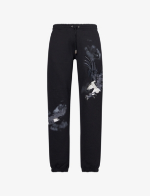 ONLY THE BLIND: Midnight Hawk Embroidered Cotton-Jersey Jogging Bottoms