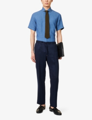 CORNELIANI: Short-Sleeve Logo-Embroidered Linen Shirt