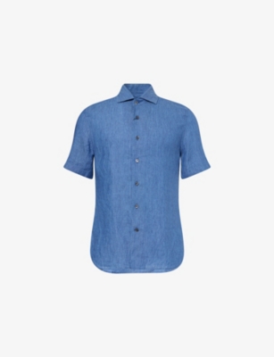 CORNELIANI: Short-Sleeve Logo-Embroidered Linen Shirt