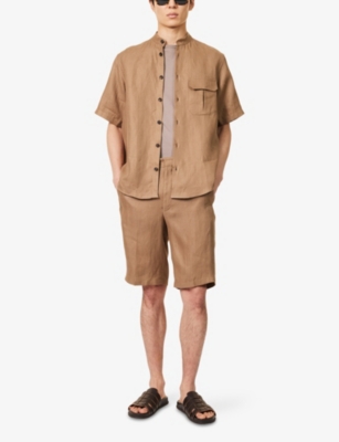 CORNELIANI: Guru-Collar Short-Sleeve Linen Shirt