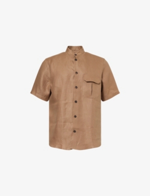 CORNELIANI: Guru-Collar Short-Sleeve Linen Shirt
