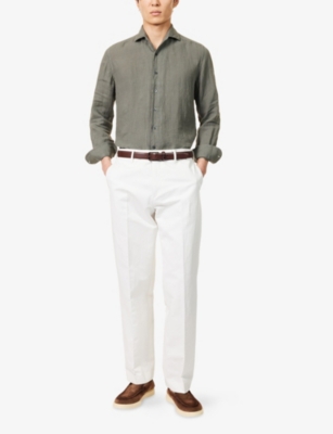 Corneliani Mens Green Coloured 059 Long-sleeve Regular-fit Linen Shirt
