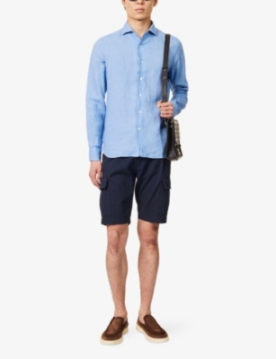 Corneliani Mens Regular-fit Logo-embroidered Linen Shirt Dark Ceruole Blue