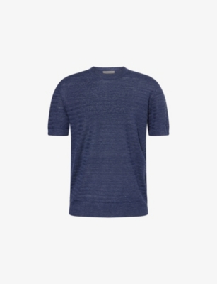 Corneliani Mens Blue 006 Short-sleeve Crewneck Linen And Silk-blend T-shirt