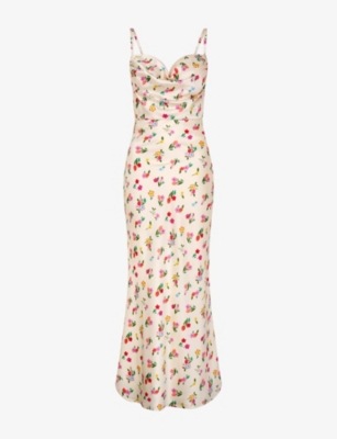 Omnes Womens Yellow Floral Belle Cowl-neck Floral-dress Satin Midi Dress