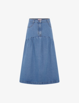 Omnes Womens Light Wash Ellie-may Gathered-seam High-rise Denim Midi Skirt