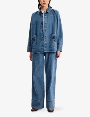OMNES: Portland Floral-Embroidered Wide-Leg Mid-Rise Jeans