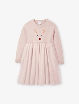 THE LITTLE WHITE COMPANY: Jingles Reindeer Long-Sleeve Knitted And Tulle Blend Dress 0 Months-4 Years