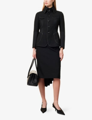 Shiro Sakai Womens Black (white Stitch) Contrast-stitch Single-breasted Wool Jacket