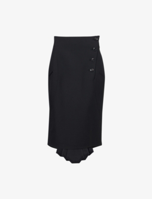 Shiro Sakai Womens Black Panelled Pleat-back Wool Midi Skirt