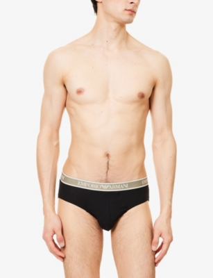Emporio Armani Mens Blk/vet-tofu.ptr/blk Branded Mid-rise Pack Of Three Stretch-cotton Briefs