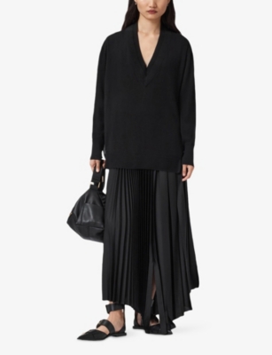 Allsaints Womens Black Bern V-neck Contrast-panel Merino-wool Jumper In Black