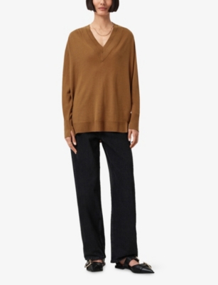 Allsaints Womens Caramel Brown Bern V-neck Contrast-panel Merino-wool Jumper In Brown