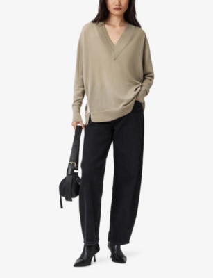 Allsaints Womens Taupe Grey Bern V-neck Contrast-panel Merino-wool Jumper Xs In Gray