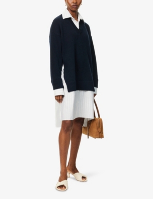 STELLA MCCARTNEY WOMENS NAVY STRIPED-PANELS SPLIT WOOL MIDI DRESS 