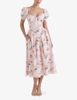 HOUSE OF CB OF CB WOMENS PINK RIBBON LULABELL FLORAL-PRINT STRETCH-COTTON MIDI DRESS XS 