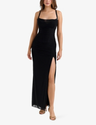 HOUSE OF CB: Lini Corset-Bodice Stretch-Mesh Maxi Dress