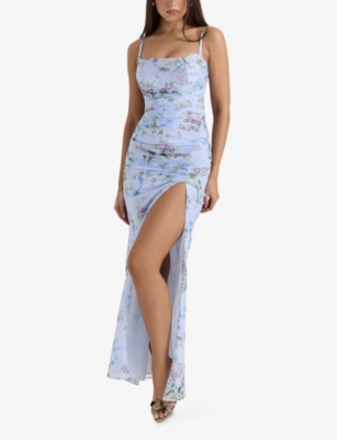 House Of Cb Womens Blue Floral Print Lini Corset-bodice Stretch-mesh Maxi Dress In Multi