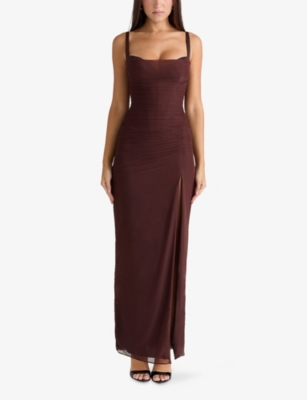 HOUSE OF CB: Lini Corset-Bodice Stretch-Mesh Maxi Dress