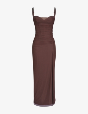 House Of Cb Womens Burgundy Lini Corset-bodice Stretch-mesh Maxi Dress