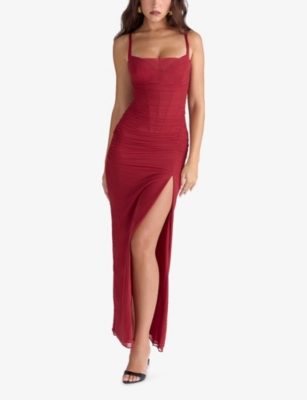 HOUSE OF CB: Lini Corset-Bodice Stretch-Mesh Maxi Dress