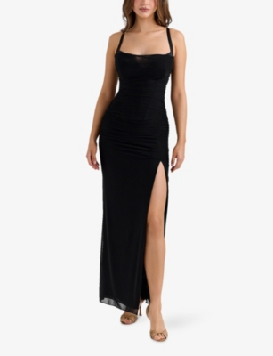 House Of Cb Womens Black Lini Corset-bodice Stretch-mesh Maxi Dress In Black