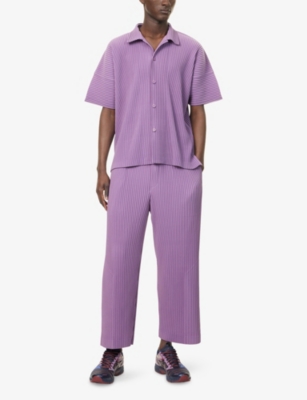 Issey Miyake Ns Viola Purple Pleated Spread-collar Short-sleeve Knitted Shirt