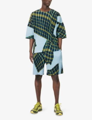 Issey Miyake Ns Blue Gray Windswept Plaid Short-sleeve Knitted T-shirt