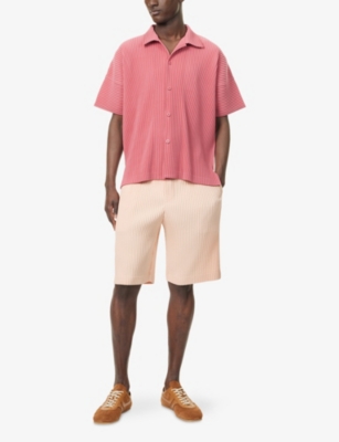 Issey Miyake Ns Dusky Red Pleated Spread-collar Short-sleeve Knitted Shirt