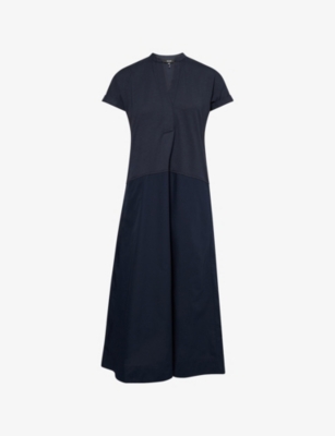 Me And Em And Em Womens Navy Mixed-media Open-collar Cotton Maxi Dress
